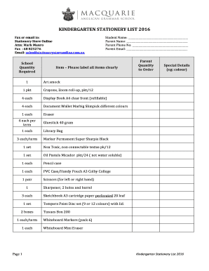 Kindergarten Stationery List 2016