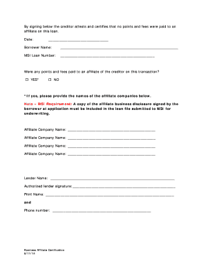 Affiliate Business Certification and Appraisal Disclosure