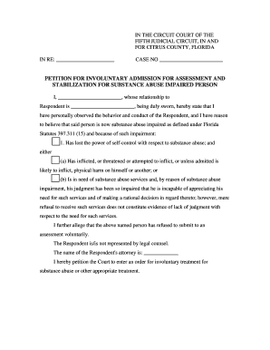 Petition for Involuntary Admission for Substance Abuse Impaired Person