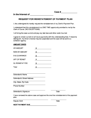 Request for Reinstatement of Payment Plan