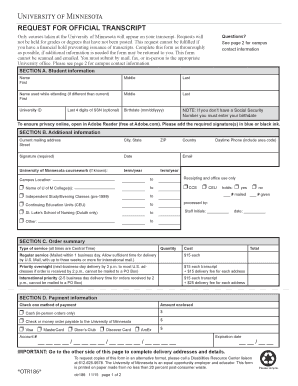University of Minnesota Official Transcript Request Form