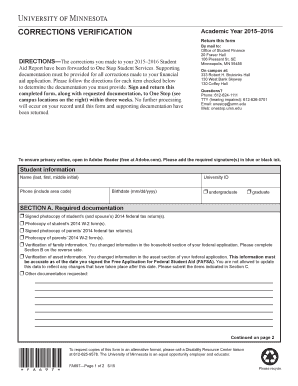 2015–2016 Student Aid Corrections Verification Form