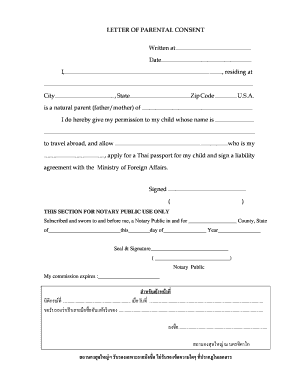 Letter of Parental Consent for Thai Passport