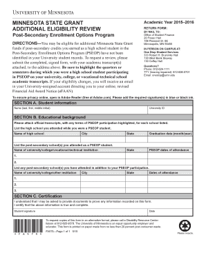 Minnesota State Grant Additional Eligibility Review Form
