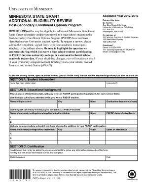 Minnesota State Grant Additional Eligibility Review Form