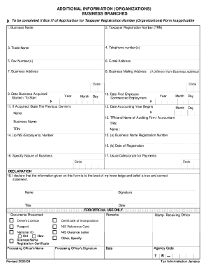 Application for Taxpayer Registration Number (Organizations) Additional Information