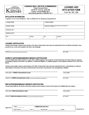 Kansas Real Estate Licensee Affiliation Form