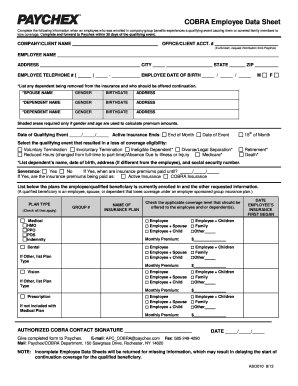 COBRA Employee Data Sheet