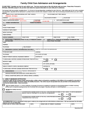 Family Child Care Admission and Arrangements Form