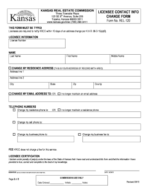 Kansas Real Estate Licensee Contact Info Change Form