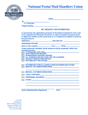 National Postal Mail Handlers Union Grievance Request