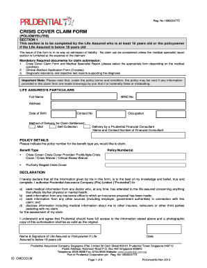 Crisis Cover Claim Form for Poliomyelitis