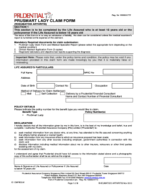 Prudential Singapore Rheumatoid Arthritis Claim Form