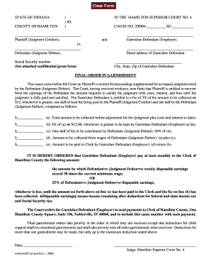 Indiana Garnishment Order Form