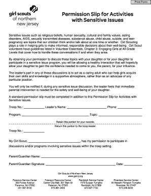 Girl Scouts Permission Slip for Activities with Sensitive Issues