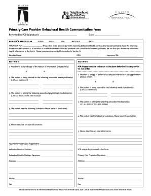 Primary Care Provider Behavioral Health Communication Form