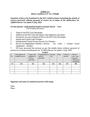 SEZ Quarterly Return Form A-3