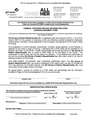 Criminal Offender Record Information (CORI) Acknowledgement Form