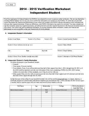 2014-2015 Verification Worksheet for Independent Students