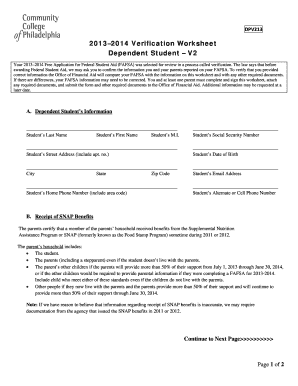 2013–2014 Verification Worksheet for Dependent Student
