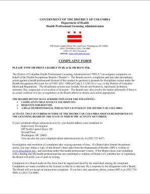 District of Columbia Health Professional Complaint Form