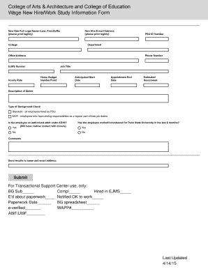 Penn State New Hire Work Study Form