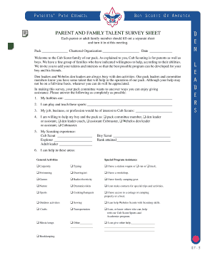 Boy Scouts of America Parent and Family Talent Survey Sheet