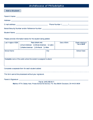 Archdiocese of Philadelphia Student Addition Form