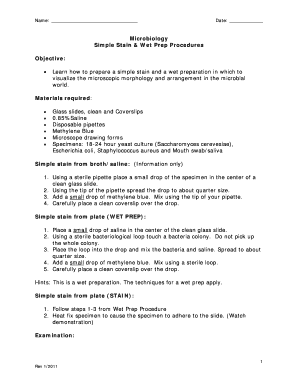 Microbiology Simple Stain and Wet Prep Lab Form