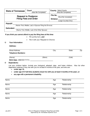 Tennessee Request to Postpone Filing Fees and Order