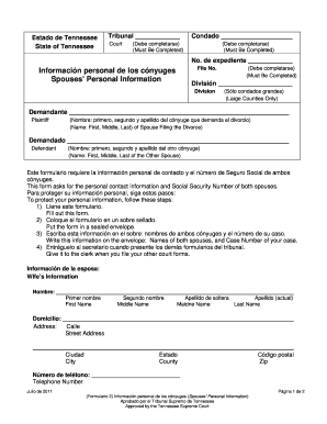 Tennessee Divorce Spouses' Personal Information Form
