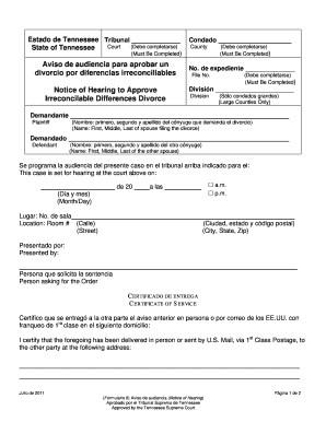 Aviso de audiencia para aprobar un divorcio por diferencias irreconciliables