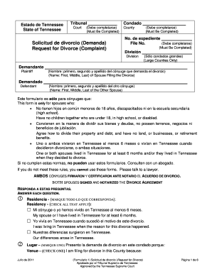 Formulario de solicitud de divorcio de Tennessee