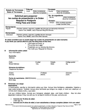 Solicitud para posponer las cuotas de presentación y la Orden