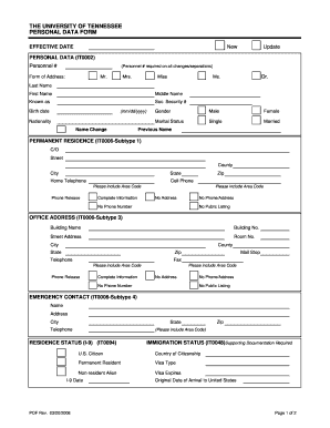University of Tennessee Personal Data Form