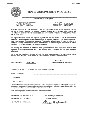 Tennessee Sales Tax Exemption Certificate