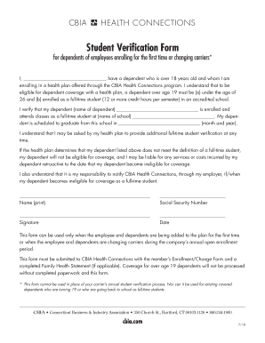 Student Verification Form for Health Plan Dependents