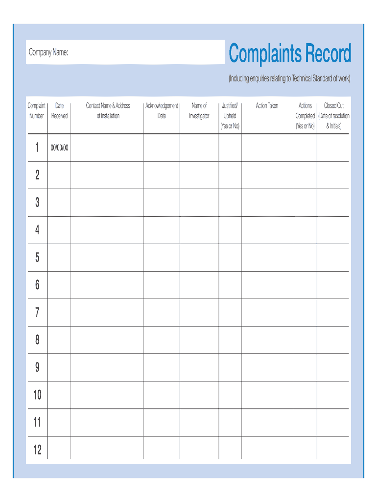 Complaints Record Template Fill Online Printable Fillable Blank 