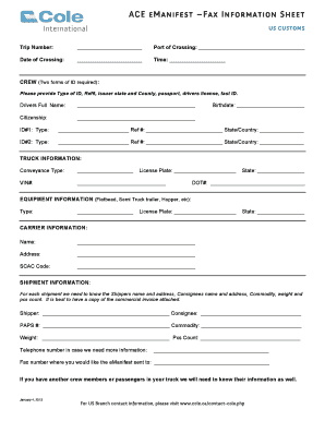 US Customs ACE eManifest Fax Information Sheet