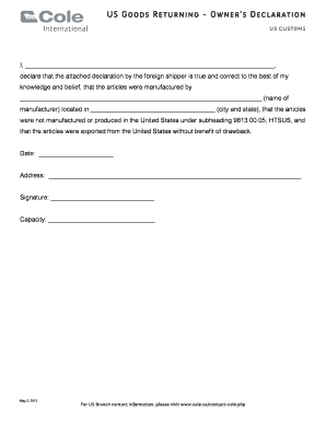 US Goods Returning Owner's Declaration