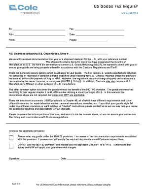 US Goods Fax Inquiry Form