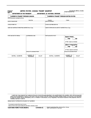 US-Canada Transit Manifest Form
