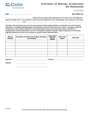 US Customs Statement of Repairs Alterations