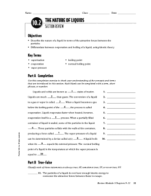 Science Worksheet on Nature of Liquids