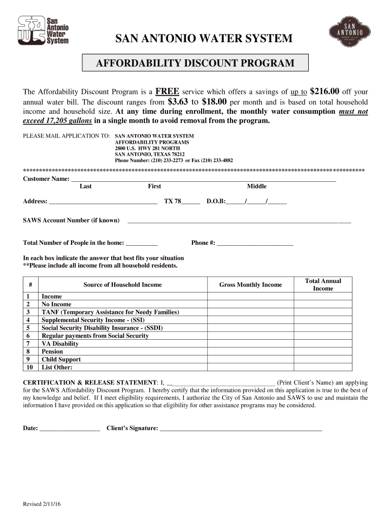 Fillable Online saws AFFORDABILITY DISCOUNT PROGRAM saws Fax Email