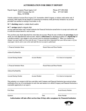 Authorization for Direct Deposit