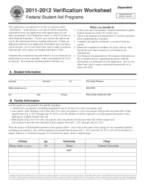 2011-2012 Verification Worksheet Dependent