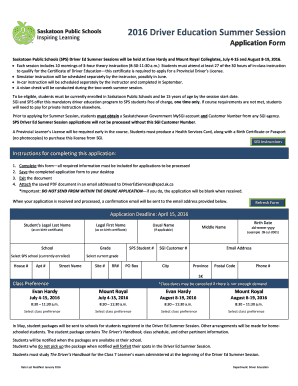 Saskatoon Public Schools Driver Ed Summer Session Application Form