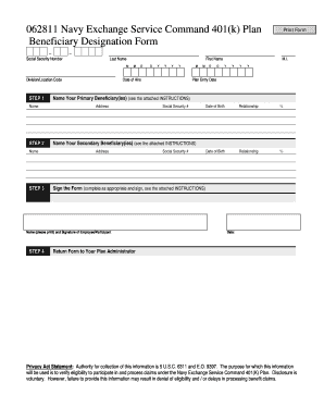 Navy Exchange Service Command 401(k) Plan Beneficiary Designation Form