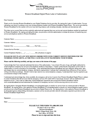 Western Broadband Digital Phone Letter of Authorization